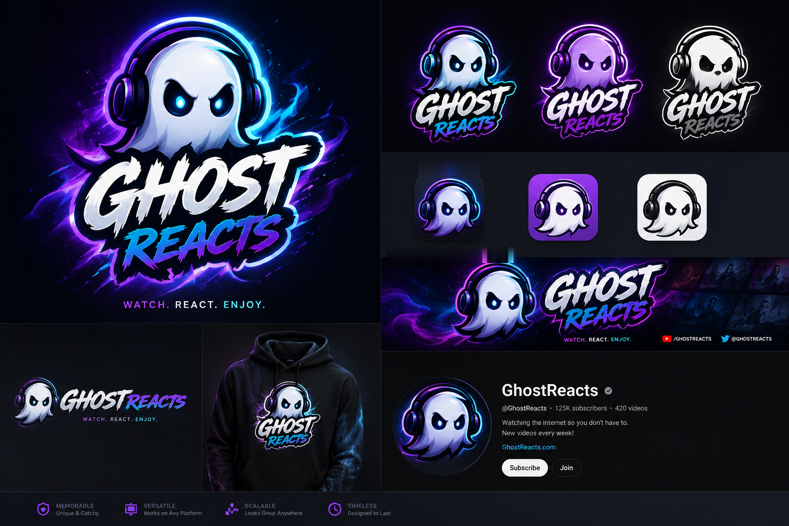 GhostReacts brand board: logo variations, app icons, banner, and merch mockups