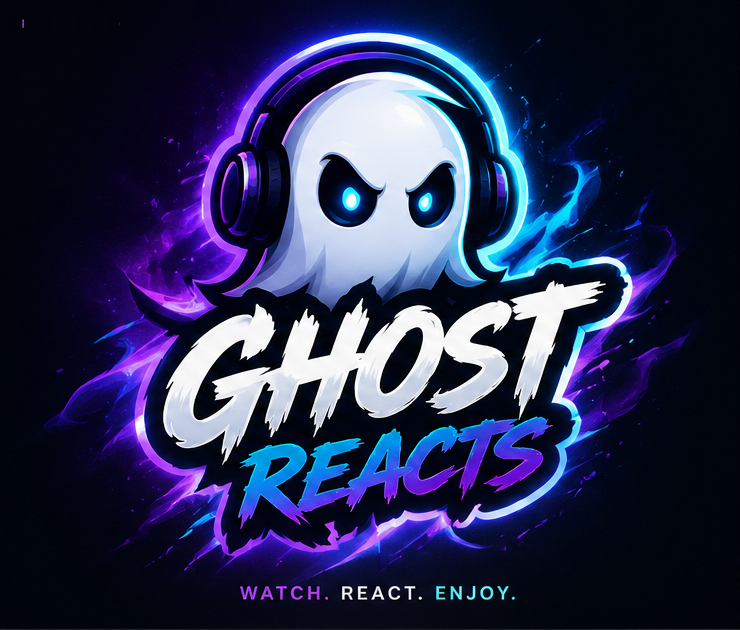 GhostReacts logo: a ghost mascot wearing headphones above brush-style lettering